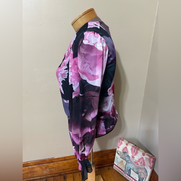 Express Whimsical Floral Print Sheer Balloon Sleeve Flutter Cuff Top Small - Picture 5 of 10